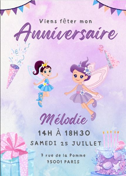 Carton d'Invitation Fée - Fete pour enfant