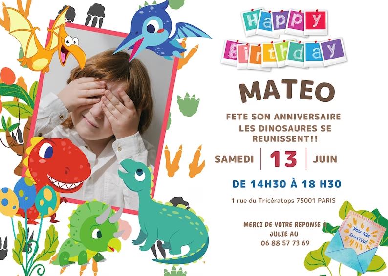 Carton d'Invitation Dinosaure - Fete pour enfant